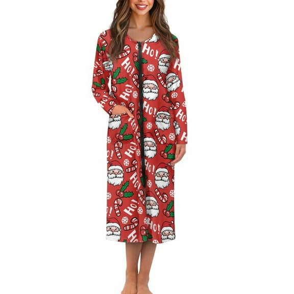 FKELYI Women Zip Up Robe Nightgowns Comfy House Coats Hohoho Santa Claus Print Full Length Sleepwear House Dress Long Sleeve Bathrobe with 2 Pockets, 4XL