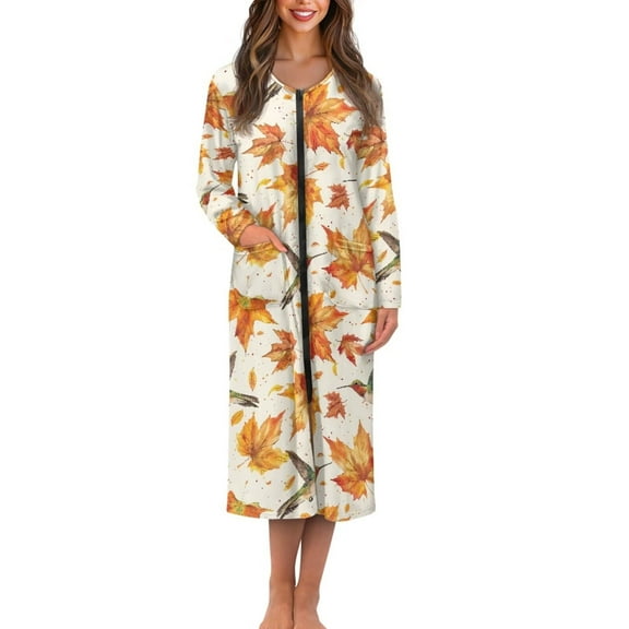 FKELYI Women Zip Up Robe Nightgowns Comfy House Coats Hummingbird Fall Maple Leaf Print Long Sleeve House Dress Full-Length Bathrobe with 2 Pockets Breathable Sleepwear, 4XL