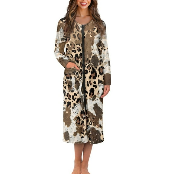 FKELYI Women Zip Up Robe Nightgowns Comfy House Coats Full Length Sleepwear House Dress Leopard Cow Print Long Sleeve Bathrobe with 2 Pockets, L