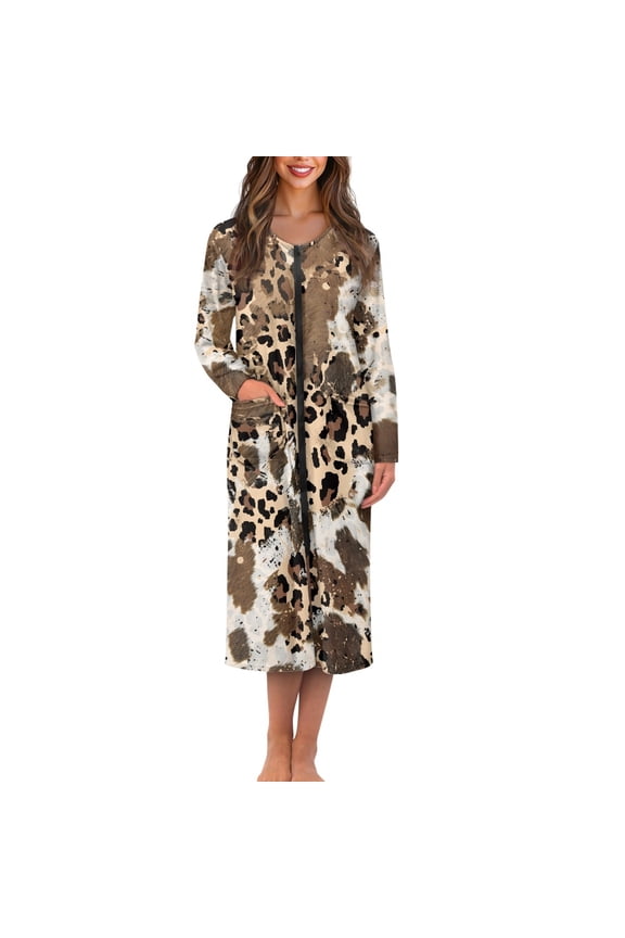 Women Zip Up Robe Nightgowns Comfy House Coats Full Length Sleepwear House Dress Leopard Cow Print Long Sleeve Bathrobe with 2 Pockets, L