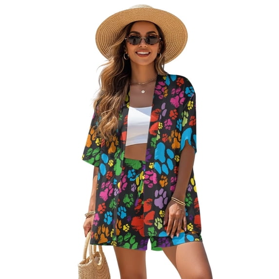 FKELYI Women's 2 Piece Set Short Sleeve Shirt & Shorts with Elastic Waist Summer Beachwear Colorful Dog Paw Print Soft Vacation Outfits Open Front Top Lounge Set, XL