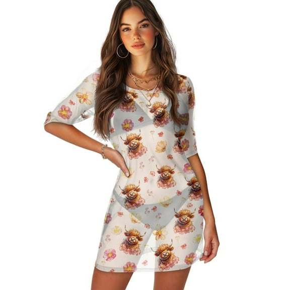 FKELYI Women's Beach Cover Up Breathable Bikini Suit Cover-Up Half Sleeve Swimwear Cover Ups for Lady Summer Highland Cow Flower Print Beachwear Round Neck Resort Wear, XS