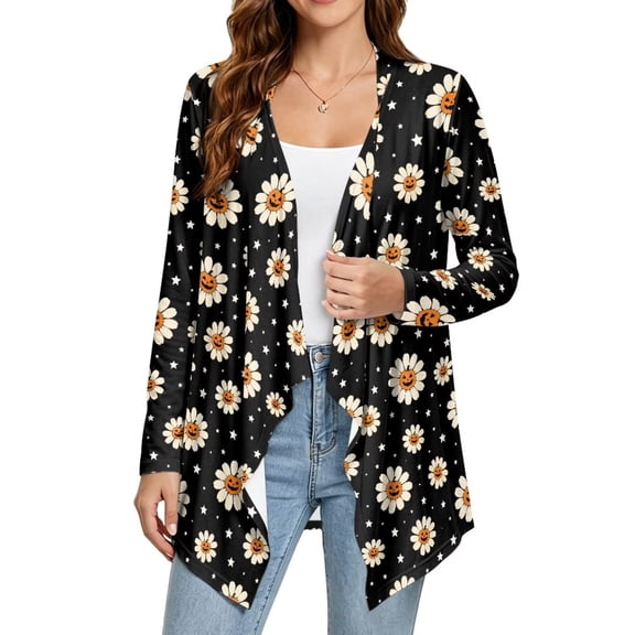 FKELYI Women's Cardigan Cover Up Daisy Halloween Pumpkin Blouse, XL, Open Front Cardigans with Layed Look, Soft Long Sleeve Layering Piece for Spring Summer Fall Cruise Resort Wear