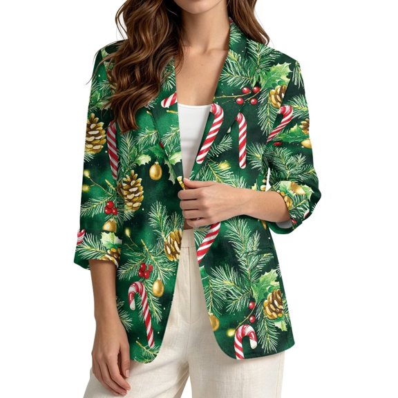 FKELYI Women's Faux Linen Blazer 3/4 Sleeve Lightweight Work Jacket with Pockets Christmas Tree Bulb Print Spring Summer Cardigan Coat for Business Banquet, XL