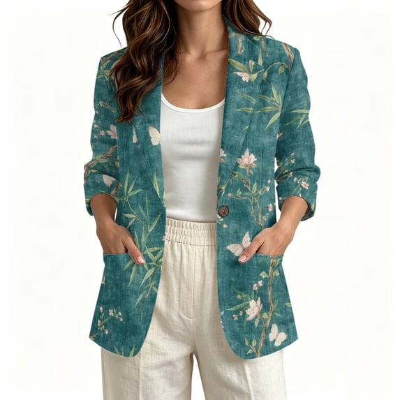Create Leaf Spring FKELYI Women's Faux Linen Blazer Oriental Leaf Butterfly Flower Print 3 ...