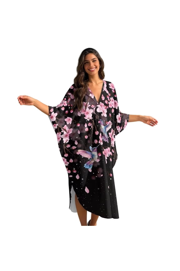 Women's Kaftan Plus Size Swimwear Coverup for Summer Beach Cover Up Batwing Sleeves Beachwear Cherry Floral Hummingbird Print V-Neck Maxi Beach Dress Loungewear