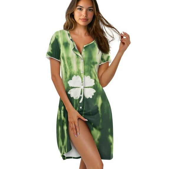 FKELYI Women's Nightgown Short Sleeve Pajama Dress Sleepwear Dress Button Down Sleep Shirts House Robe St.Patrick Shamrock Tie-Dye Green Print Breathable Boyfriend Nightdress, 3XL