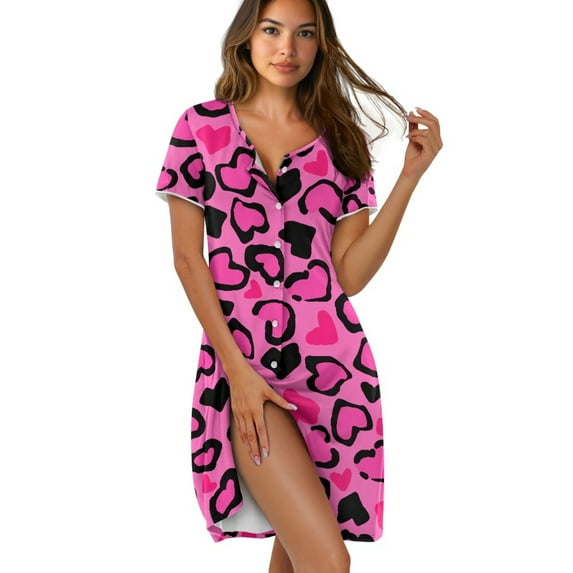 FKELYI Women's Nightgowns Soft Sleepwear Dress Crew Neck Sleep Dress Pink Love Leopard Print Comfy Button Down Pajama Dress Short Sleeve Loungewear for Spring Summer, XL