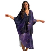 FKELYI Womens Plus Size Kaftan Beach Coverup for Summer Marble Purple Gold Print V-neck Maxi Beach Dress Vacation Outfits Batwing Sleeves Caftan Dress for Ladies