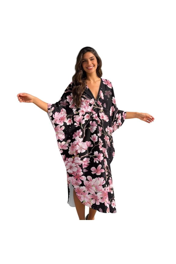 Women's Plus Size Kaftan Beach Coverup for Summer V-neck Maxi Beach Dress Pink Cherry Flower Print Vacation Outfits Batwing Sleeves Caftan Dress for Ladies
