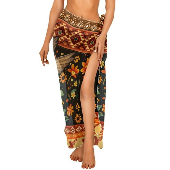 FKELYI Women's Sarong Wraps Beach Cover Up for Spring Summer American Tribal Sunflower Hummingbird Print Swimwear Cover Ups Sheer Fabric Pareo Breathable Beachwear Dress for Lady
