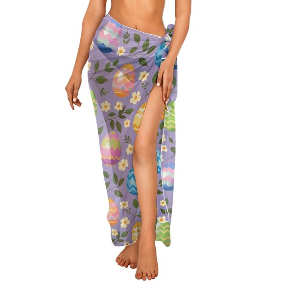 FKELYI Women's Sarong Wraps Beach Cover Up for Spring Summer Easter Egg Floral Leaf Print Swimwear Cover Ups Sheer Fabric Pareo Breathable Beachwear Dress for Lady