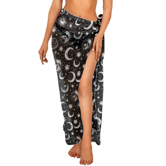 FKELYI Women's Sarong Wraps Beach Cover Up for Spring Summer Vintage Asterism Moon Star Print Swimwear Cover Ups Sheer Fabric Pareo Breathable Beachwear Dress for Lady