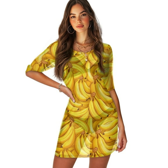 FKELYI Women's Swimsuit Cover Ups Round Neck Beach Cover-Up Half Sleeve Coverup for Bathing Suit Funny Banana Print Casual Chiffon Cover Up for Lady Summer, M