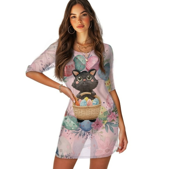 FKELYI Women's Swimsuit Cover Ups Summer Beach Cover Up Breathable Bathing Suit Cover-Up Half Sleeve Beachwear Easter Egg Black Cat Print Bikini Dress for Lady Vacation, S