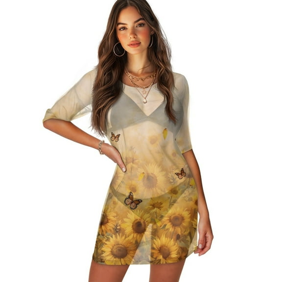 FKELYI Women's Swimsuit Cover Ups Summer Beach Cover Up Breathable Bathing Suit Cover-Up Sunflower Butterfly Print Half Sleeve Beachwear Bikini Dress for Lady Vacation, M