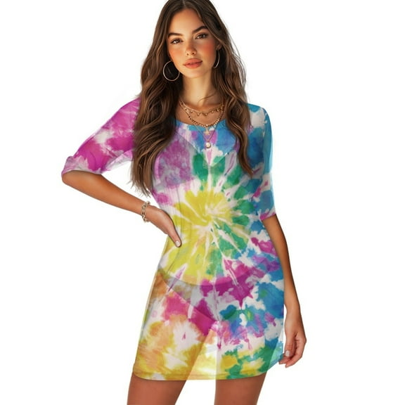 FKELYI Women's Swimwear Cover-Up Half Sleeve Beach Cover Ups Breathable Bathing Suit Coverup Colorful Tie-Dye Print Round Neck Females Beachwear Dress for Summer Party, 2XL