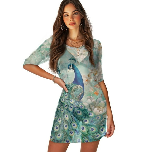 FKELYI Women's Swimwear Cover-Up Half Sleeve Beach Cover Ups Floral Peacock Green Print Breathable Bathing Suit Coverup Round Neck Females Beachwear Dress for Summer Party, XS