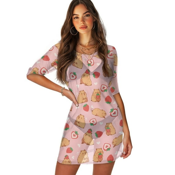 FKELYI Women's Swimwear Cover-Up Half Sleeve Beach Cover Ups Soft Fabric Bathing Suit Coverup Pink Strawberry Capybara Print Females Beachwear Dress for Summer Party Swimming, S