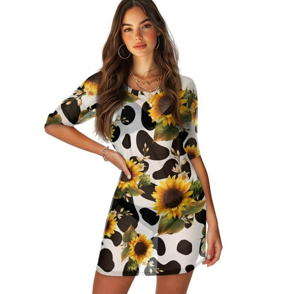 FKELYI Women's Swimwear Cover Ups Breathable Bikini Suit Cover-Up with Half Sleeve Sunflower Cow Print Sheer Fabric Beachwear Dress for Lady Summer Vacation Outfits, XL