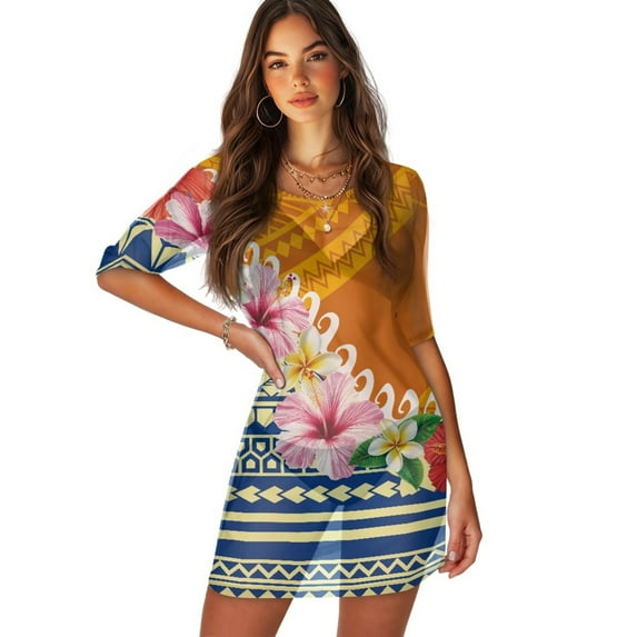 FKELYI Women's Swimwear Cover Ups Casual Coverup Polynesian Hibiscus Frangipani Flower Print Sheer Fabric Beach Cover Up Half Sleeve Dress Breathable Swimsuits Cover-up for Vacation, XS