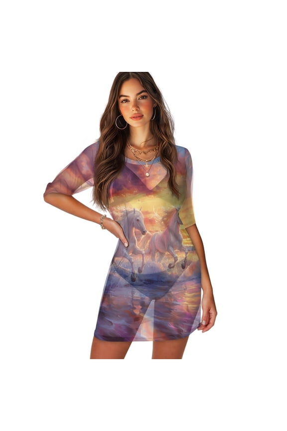 Women's Swimwear Cover Ups Casual Coverup Sheer Fabric Beach Cover Up Beach Running Horse Print Half Sleeve Dress Breathable Swimsuits Cover-up for Vacation, 2XL