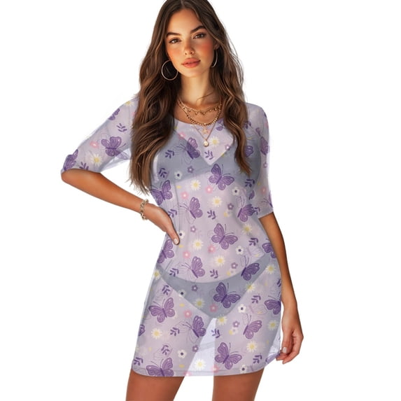 FKELYI Women's Swimwear Cover Ups Casual Coverup Sheer Fabric Beach Cover Up Purple Butterfly Daisy Flower Print Half Sleeve Dress Breathable Swimsuits Cover-up for Vacation, XS