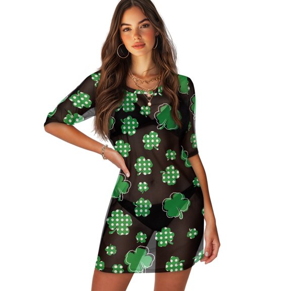 FKELYI Women's Swimwear Cover Ups Casual Coverup Sheer Fabric Beach Cover Up Shamrock Leaf Print Half Sleeve Dress Breathable Swimsuits Cover-up for Vacation, M