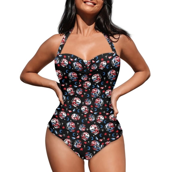 FKELYI Women's Swimwear One Piece Swimsuit with Soft Pad Vintage Skull Moon Star Print Tummy Control Bathing Suits Halter Monokini for Lady Summer Swimming, 2XL