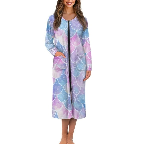 FKELYI Women's Zipper Front Robe Gradient Purple Fish Scale Print Soft Nightgowns Sleepwear House Bathrobe Ladies Loungewear Breathable Fall Winter Kimono House Wear, L