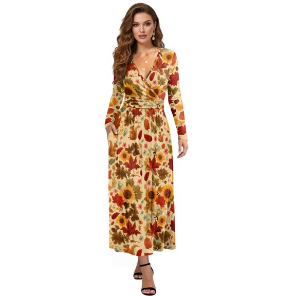 FKELYI Womens Fall Dress Long Sleeve Maxi Dress for Wedding Party Autumn Sunflower Leaf Squirrel Print Casual Outdoor Cloth V Neck Soft Dresses with Pocket, M
