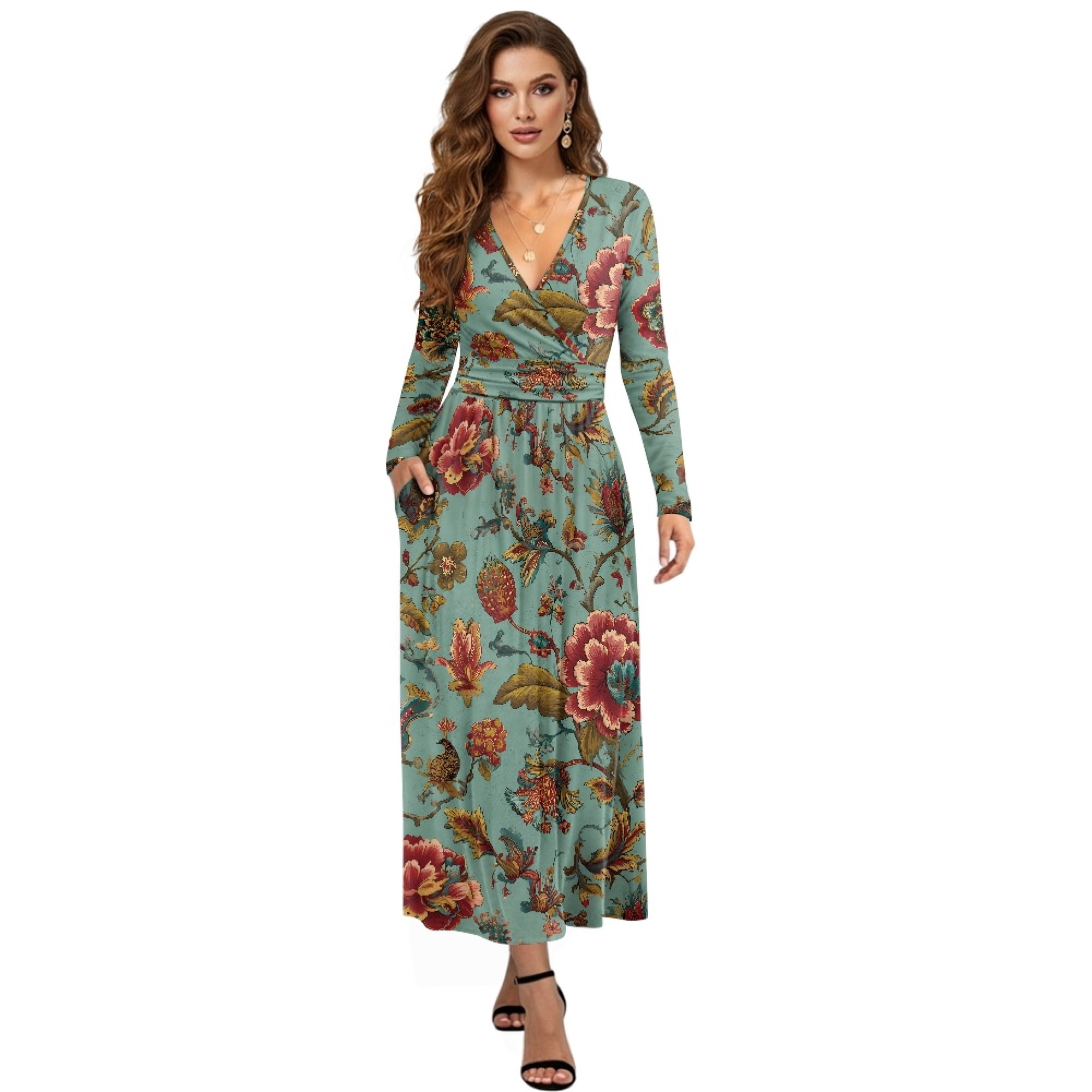 FKELYI Womens Fall Dress with Pockets Green Retro Flower Print V Neck