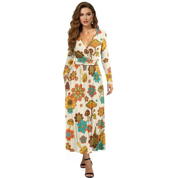 FKELYI Womens Fall Maxi Dress Mushroom Art Flower Print V-Neck Long Sleeve Casual Dress with Pocket A-Line Flowy Tiered Dresses for Spring Winter, 2XL