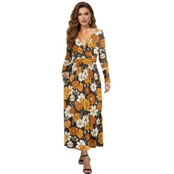 FKELYI Womens Fall Maxi Dress Retro Flower Print V-Neck Long Sleeve Casual Dress with Pocket A-Line Flowy Tiered Dresses for Spring Winter, S