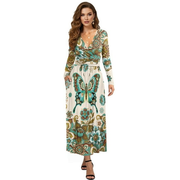FKELYI Womens Fall Maxi Dress V-Neck Long Sleeve Casual Dress with Pocket Bohemian Flower Butterfly Print A-Line Flowy Tiered Dresses for Spring Winter, 3XL
