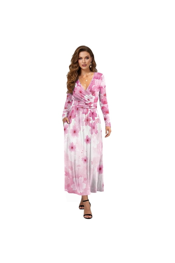 Womens Fall Maxi Dress V-Neck Long Sleeve Casual Dress with Pocket Pink Cherry Blossom Print A-Line Flowy Tiered Dresses for Spring Winter, 2XL