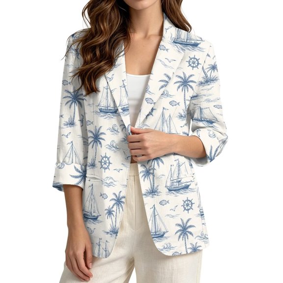 FKELYI Womens Faux Linen Blazer Casual Lapel Design Suit Jacket with Pockets Blue Tropical Palm Tree Print Linen-Like Cardigan Coat for Spring Fall 3/4 Sleeve Work Blazer, 2XL