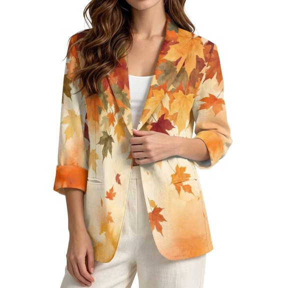 FKELYI Womens Faux Linen Blazer Retro Autumn Maple Leaf Print Casual Lapel Design Suit Jacket with Pockets Linen-Like Cardigan Coat for Spring Fall 3/4 Sleeve Work Blazer, S