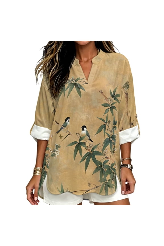 Womens Faux Linen Shirt for Summer Top Shirts Roll Up Sleeve Design Oriental Flower Bird Bamboo Print Casual Blouse for Ladies Beach Vacation Outfits, 3XL
