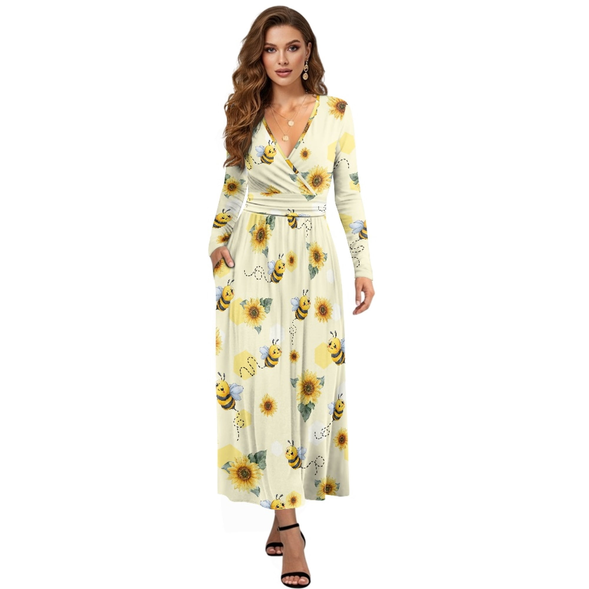 Fkelyi Womens Long Sleeve Fall Dress V Neck Casual Maxi Dress with Pockets Sunflower Bee Print Soft A-Line Flowy Tiered Waist Dresses for Ladies, XL,