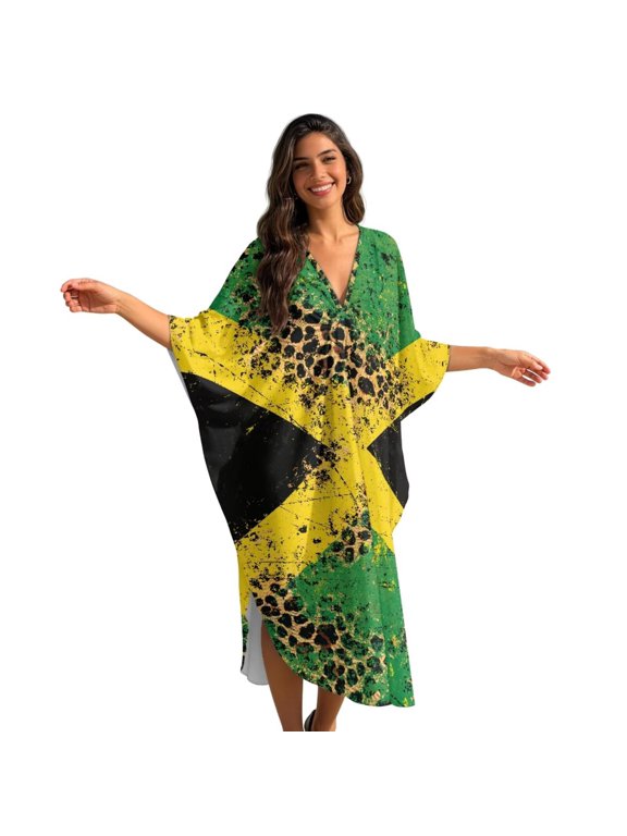 Womens Summer Caftan Beach Cover Up Batwing Sleeves Maxi Beach Dress Grunge Jamaican Flag Leopard Print V Neck Swimwear Coverup Plus Size Loungewear for Vacation