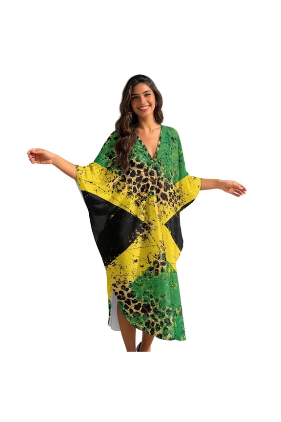 Womens Summer Caftan Beach Cover Up Batwing Sleeves Maxi Beach Dress Grunge Jamaican Flag Leopard Print V Neck Swimwear Coverup Plus Size Loungewear for Vacation
