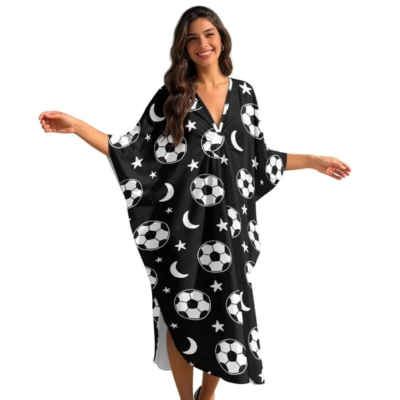 FKELYI Womens Summer Caftan Beach Cover Up Batwing Sleeves Maxi Beach Dress V Neck Swimwear Coverup Vintage Star Football Print Plus Size Loungewear for Vacation