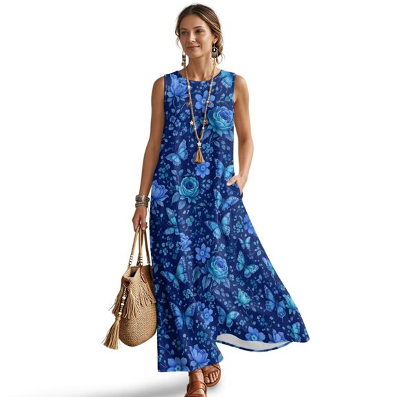 FKELYI Womens Summer Maxi Dress Blue Butterfly Flower Print Linen-Like Tank Dress Crew Neck Beach Dresses with Pockets for Ladies Vacation Outfit Sundress, 3XL