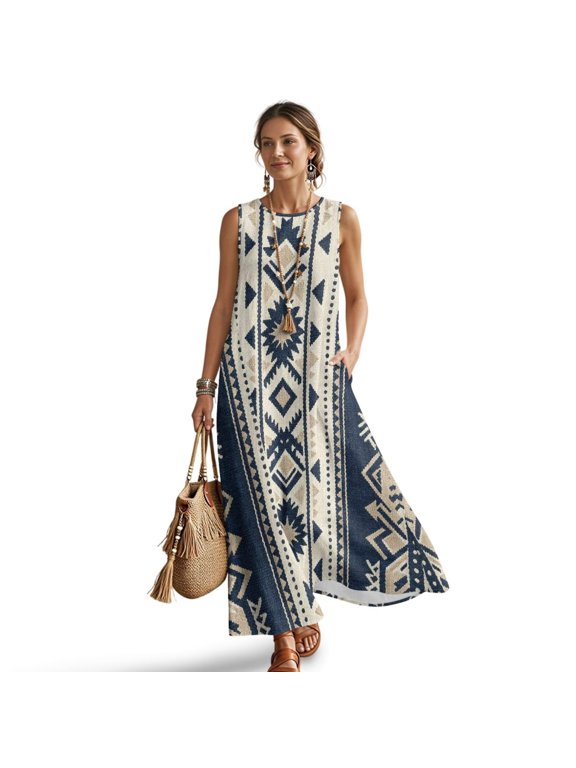 Womens Summer Maxi Dress Linen-Like Tank Dress Aztec Geometric Blue Print Crew Neck Beach Dresses with Pockets for Ladies Vacation Outfit Sundress, 3XL