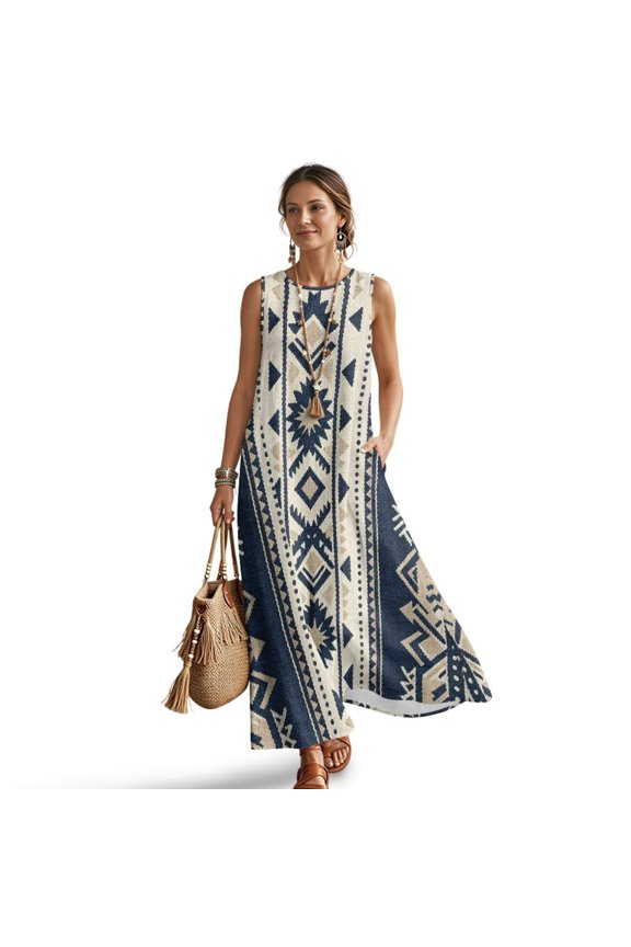 Womens Summer Maxi Dress Linen-Like Tank Dress Aztec Geometric Blue Print Crew Neck Beach Dresses with Pockets for Ladies Vacation Outfit Sundress, L