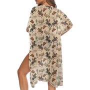 FKELYI Womens Swimsuit Cover Up Open Front Summer Cardigans Derby Horse Racing Cactus Cowboy Print Beach Kimono Coverup Half Sleeve Beachwear Comfy Casual Outfits Resort Wear