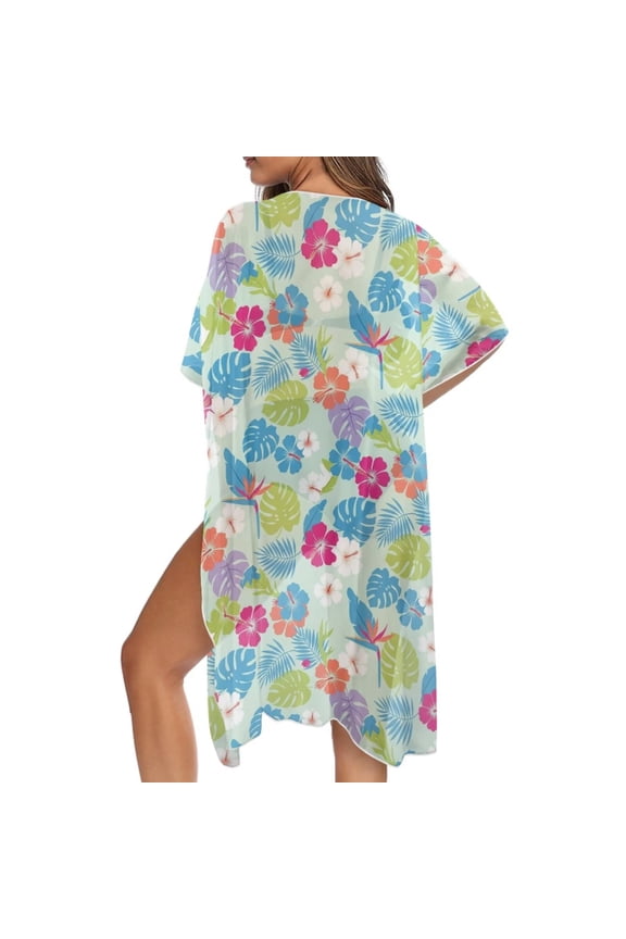 Womens Swimsuit Cover Up Summer Cardigans Open Front Beach Kimono Coverup Hibiscus Flower Monstera Tropical Leaf Print Half Sleeve Beachwear Comfy Casual Outfits Resort Wear
