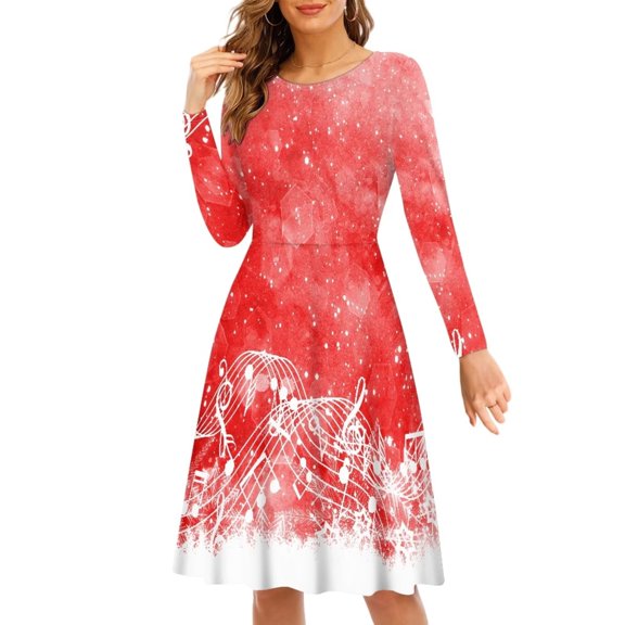 FKELYI Xmas Music Red Women Dress Size XL Stretchy Women Dress Long Sleeve Party Lightweight Christmas Snowflake Swing Dress,Christmas Gift