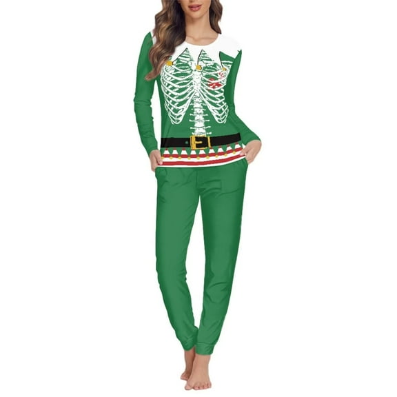 FKELYI Xmas Skull Body Long Sleeve Pjs 2-Piece Stretchy Green Sleepwear Pajamas Size XS Loose Hoilday Nightwear for Women Pajama Set